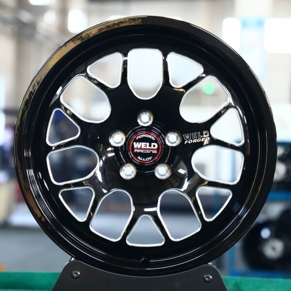 Ford Mustang wheels – Gloss Black Milled 10-Window Beadlock (Weld Racing-Style), front view