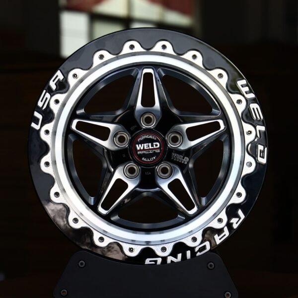 Ford Mustang wheels – Gloss Black Machined 5-Star Split-Spoke Beadlock (Weld Racing-Style), front view