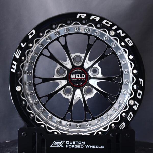 Ford Mustang wheels – Gloss Black Machined Directional 10-Spoke Beadlock (Weld Racing-Style), front view