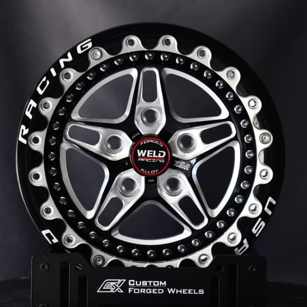 Ford Mustang wheels – Gloss Black Machined 5-Star Cut-Out Beadlock (Weld Racing-Style), front view