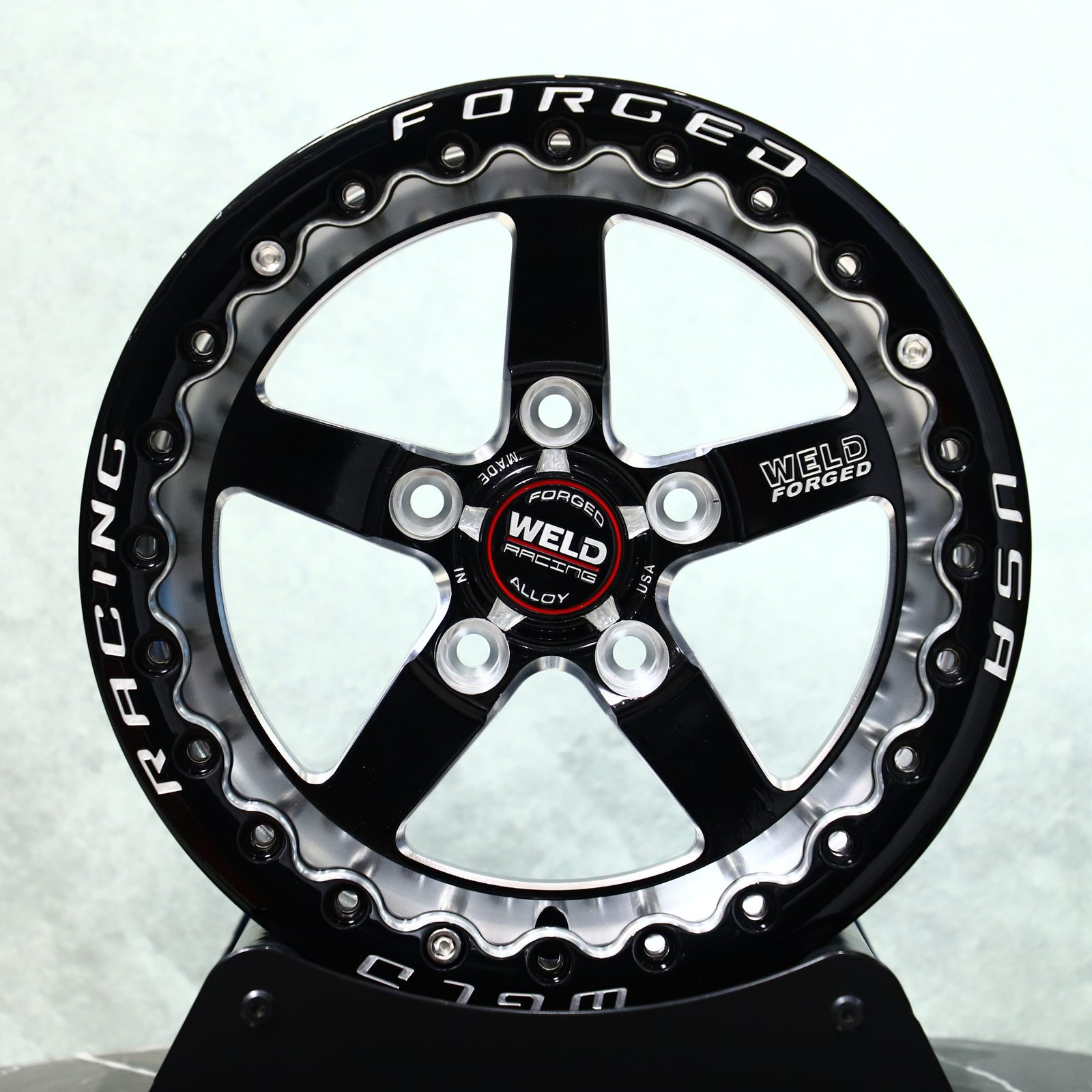 Ford Mustang wheels – 5-Spoke Mirror Milled Beadlock (Weld Racing S71-Style), front view