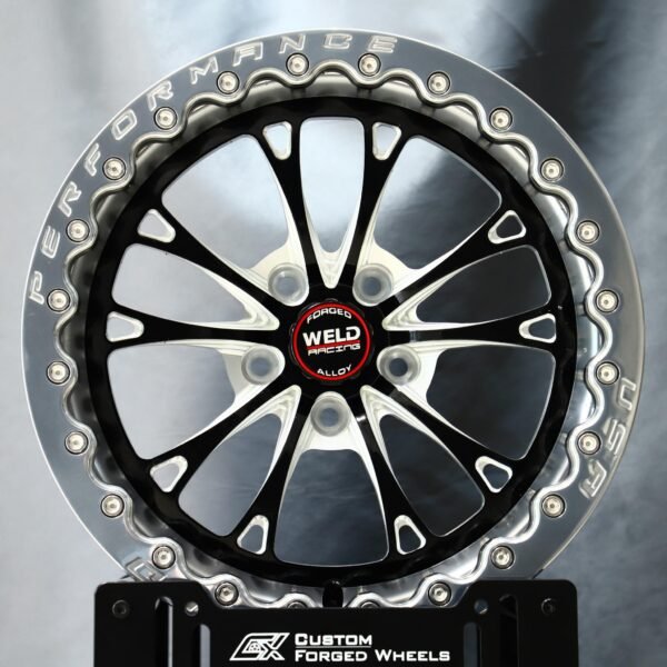 Ford Mustang wheels – Gloss Black Machined 10 Y-Spoke Polished-Ring Beadlock (Weld Racing-Style), front view