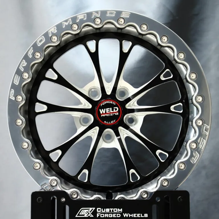 Weld Racing-Style Gloss Black Machined 10 Y-Spoke Polished-Ring Beadlock Forged Drag Racing Wheels – Ford Mustang / Chevrolet Corvette, front view