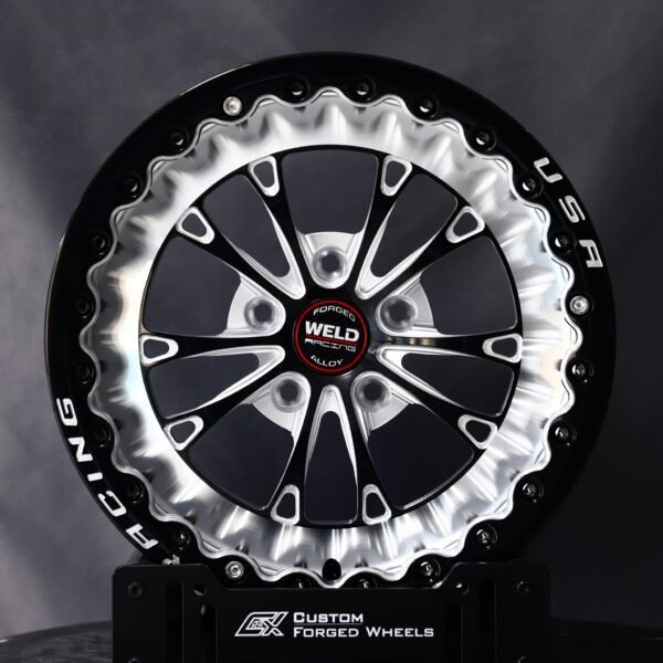 Ford Mustang wheels – Gloss Black Milled 5 Y-Spoke Polished-Ring Beadlock (Weld Racing-Style), front view