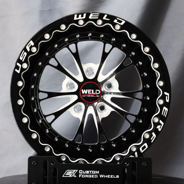 Ford Mustang wheels – Gloss Black Machined 12 Y-Spoke Beadlock (Weld Racing-Style), front view