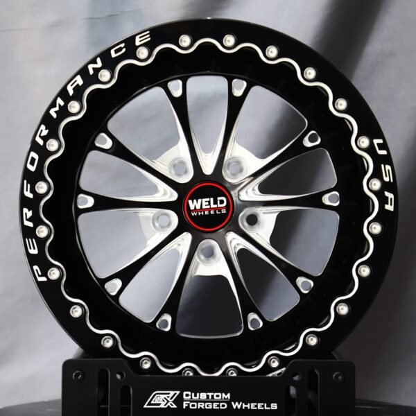 Ford Mustang wheels – Gloss Black Machined 10-Spoke Wide-Ring Beadlock (Weld Racing-Style), front view