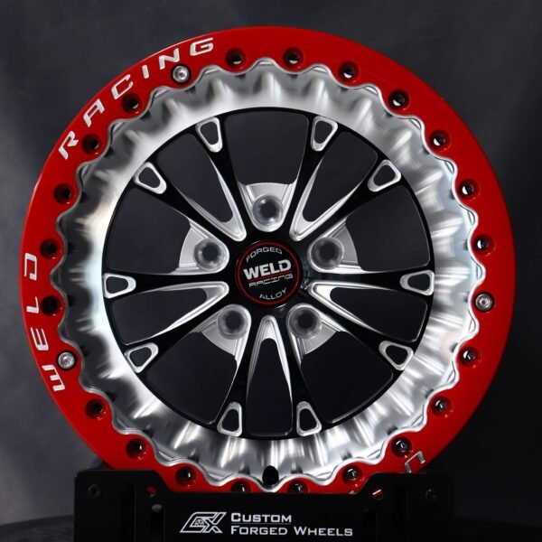 Ford Mustang wheels – Gloss Black Milled 10-Spoke Red-Ring Beadlock (Weld Racing-Style), front view