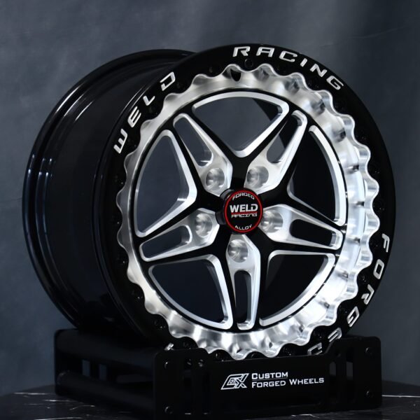 Ford Mustang wheels – Gloss Black Machined 5-Star Twin-Spoke Beadlock (Weld Racing-Style), front view