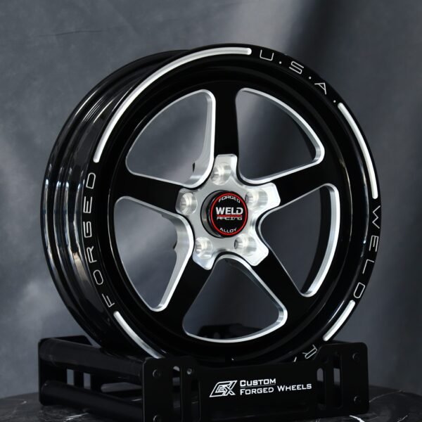 Ford Mustang wheels – Gloss Black 5-Spoke Polished-Lip Beadlock (Weld Racing-Style), front view