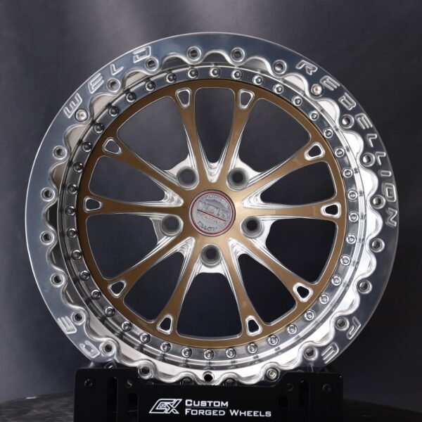 Ford Mustang wheels – Brushed Bronze 10 Y-Spoke Polished-Ring Beadlock (Weld Racing-Style), front view
