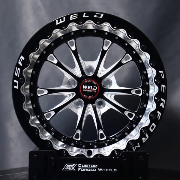 Ford Mustang wheels – Gloss Black Machined 12 Split-Spoke Beadlock (Weld Racing-Style), front view