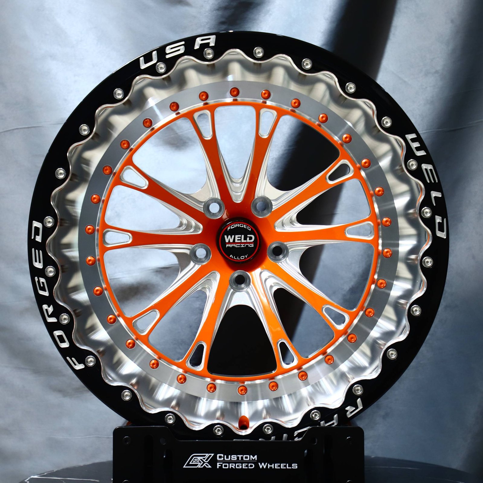 Ford Mustang wheels – Weld Racing 5-Spoke Red / Black Milled Beadlock, front view