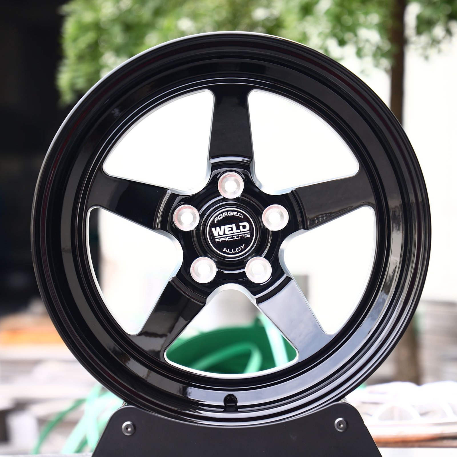Ford Mustang wheels – Gloss Black 5-Spoke Deep Lip (Weld Racing S71-Style), front view