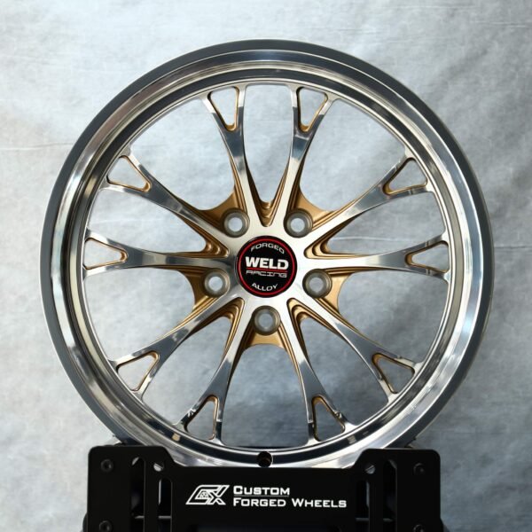 Weld Racing-Style 10 Y-Spoke Polished / Gold Forged Drag Racing Wheels – Ford Mustang / Chevrolet Camaro, front view