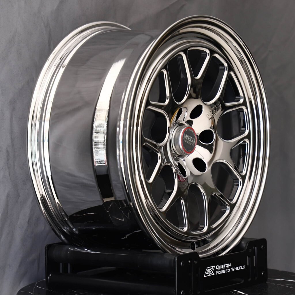 Ford F-150 wheels – Chrome / Red Mesh Deep Lip (Weld Racing-Style), angled view