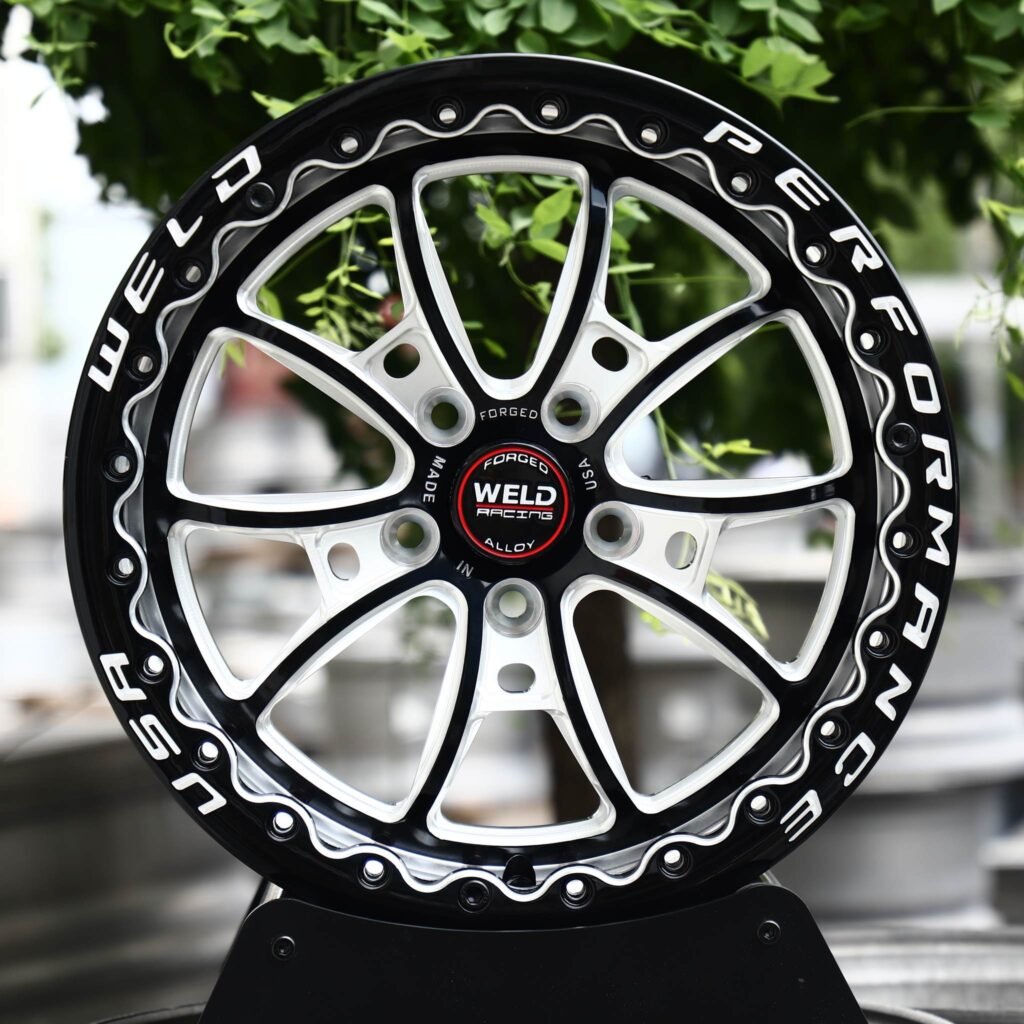 Ford Mustang wheels – Gloss Black Machined 10-Spoke Beadlock (Weld Racing-Style), front view