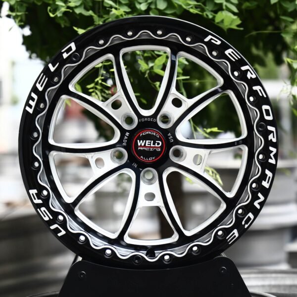 Ford Mustang wheels – Gloss Black Machined 10-Spoke Beadlock (Weld Racing-Style), front view