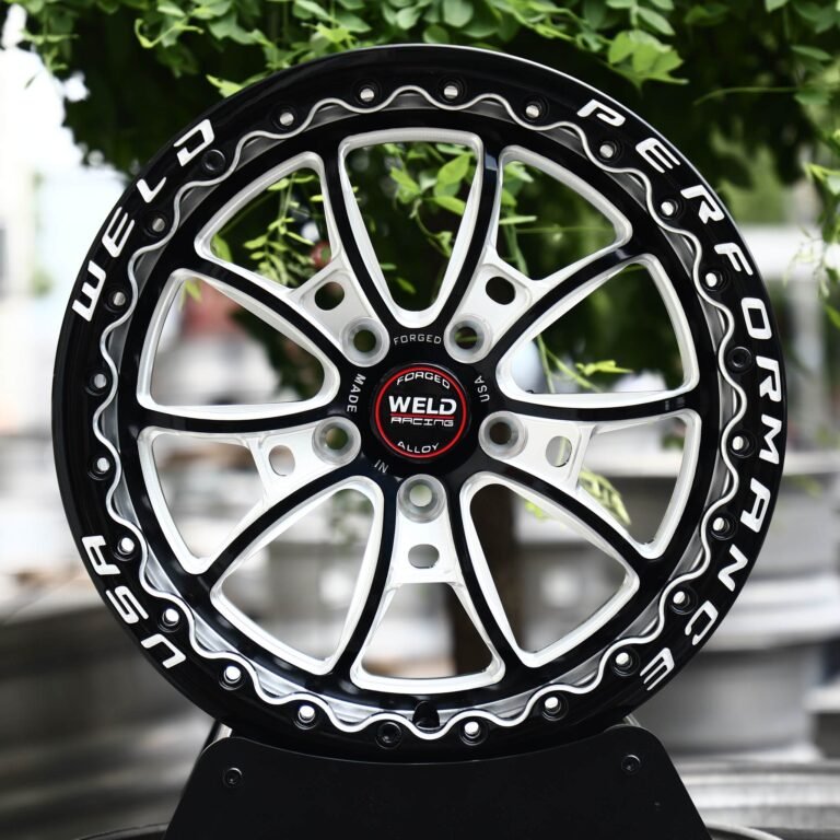 Ford Mustang wheels – Gloss Black Machined 10-Spoke Beadlock (Weld Racing-Style), front view