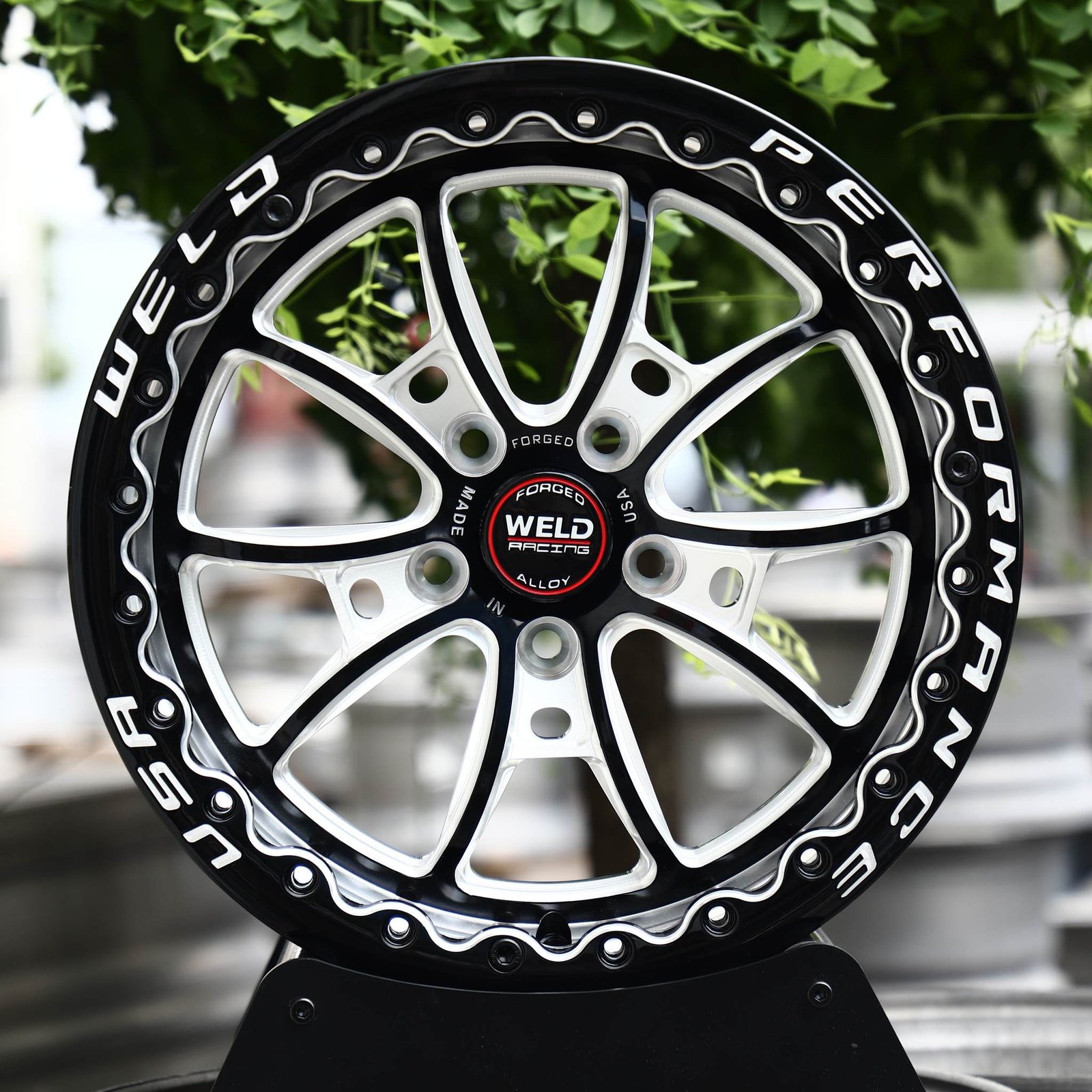 Ford Mustang wheels – Gloss Black Machined 10-Spoke Beadlock (Weld Racing-Style), front view