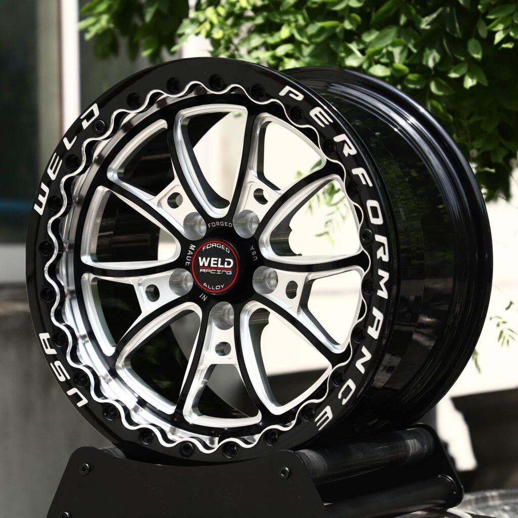 Chevrolet Corvette C7 wheels – Gloss Black Machined 10-Spoke Beadlock (Weld Racing-Style), angled view