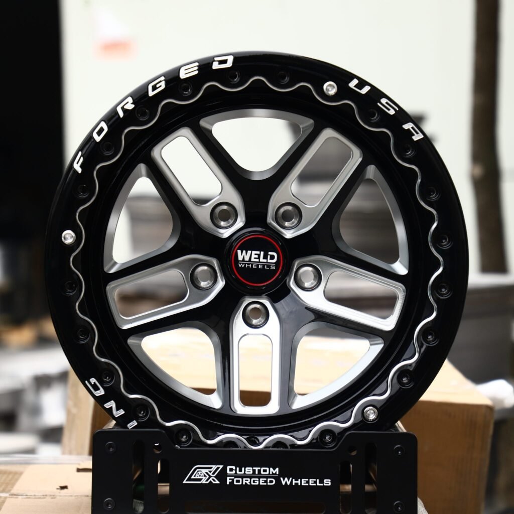 Ford Mustang wheels – Gloss Black / Machined 5 Split-Spoke Beadlock (Weld Racing-Style), front view