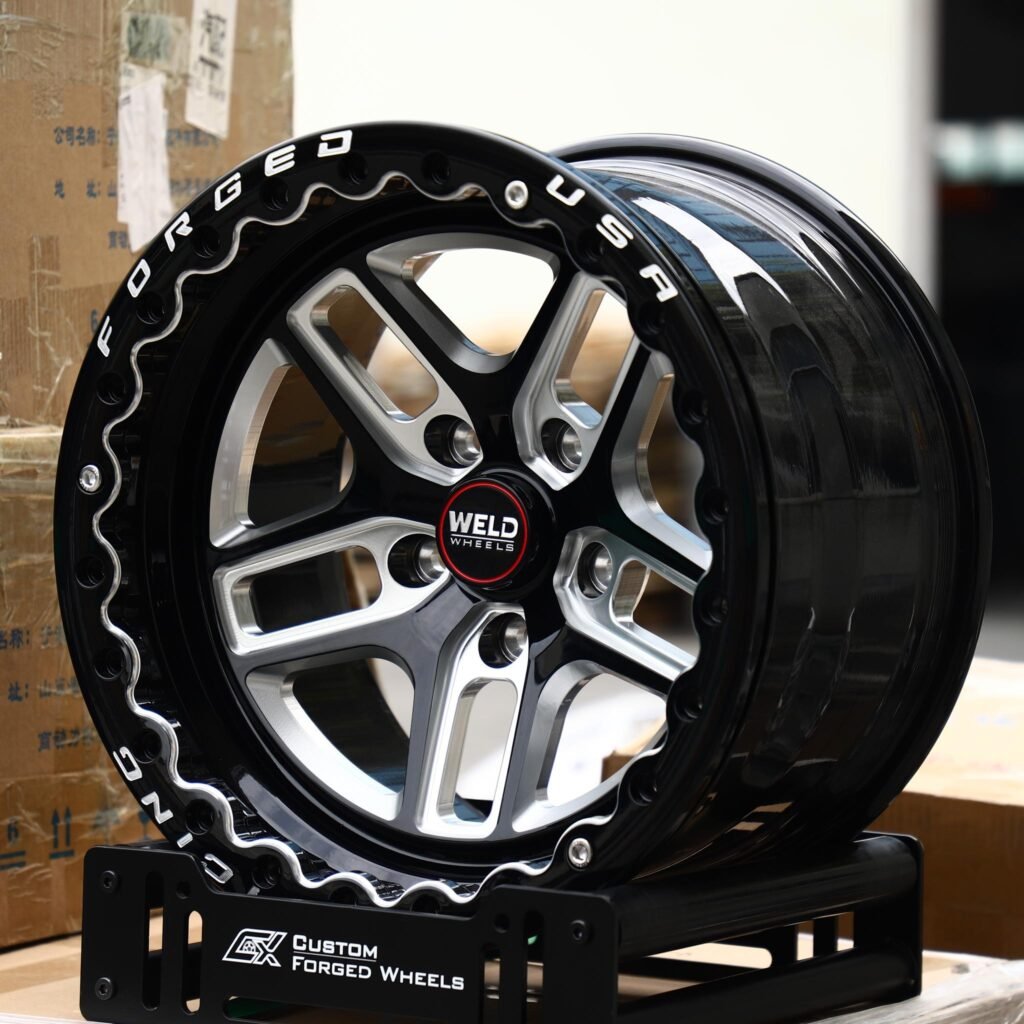 Chevrolet Corvette C7 wheels – Gloss Black / Machined 5 Split-Spoke Beadlock (Weld Racing-Style), angled view
