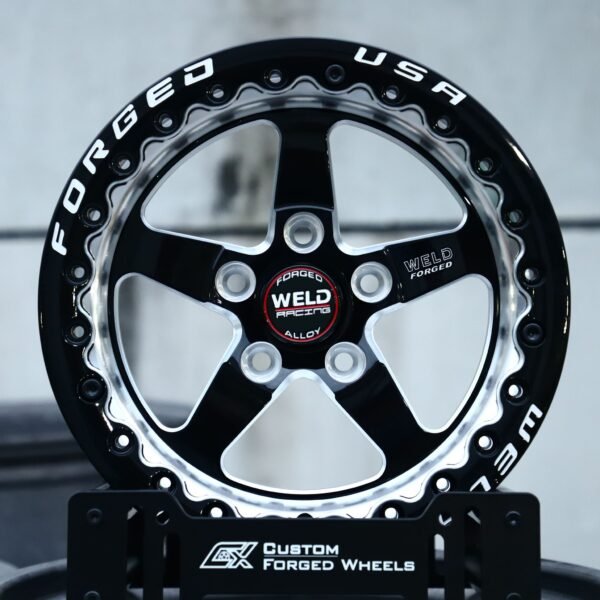 Ford Mustang wheels – Gloss Black 5-Star Beadlock (Weld Racing-Style), front view