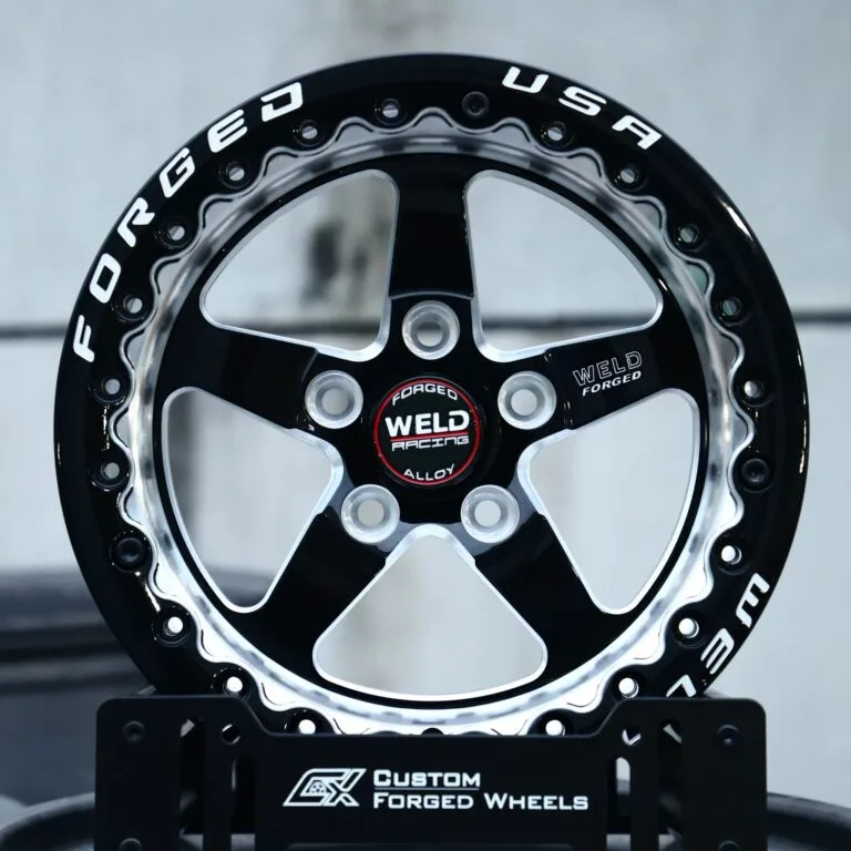 Ford Mustang wheels – Gloss Black / Machined 5-Spoke Beadlock (Weld Racing-Style), front view
