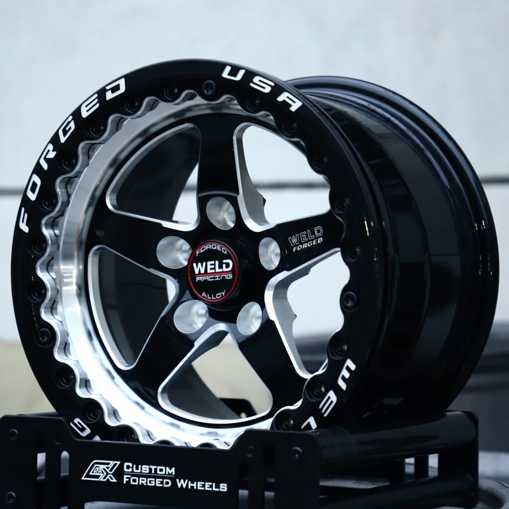 Chevrolet Corvette wheels – Gloss Black / Machined 5-Spoke Beadlock (Weld Racing-Style), angled view