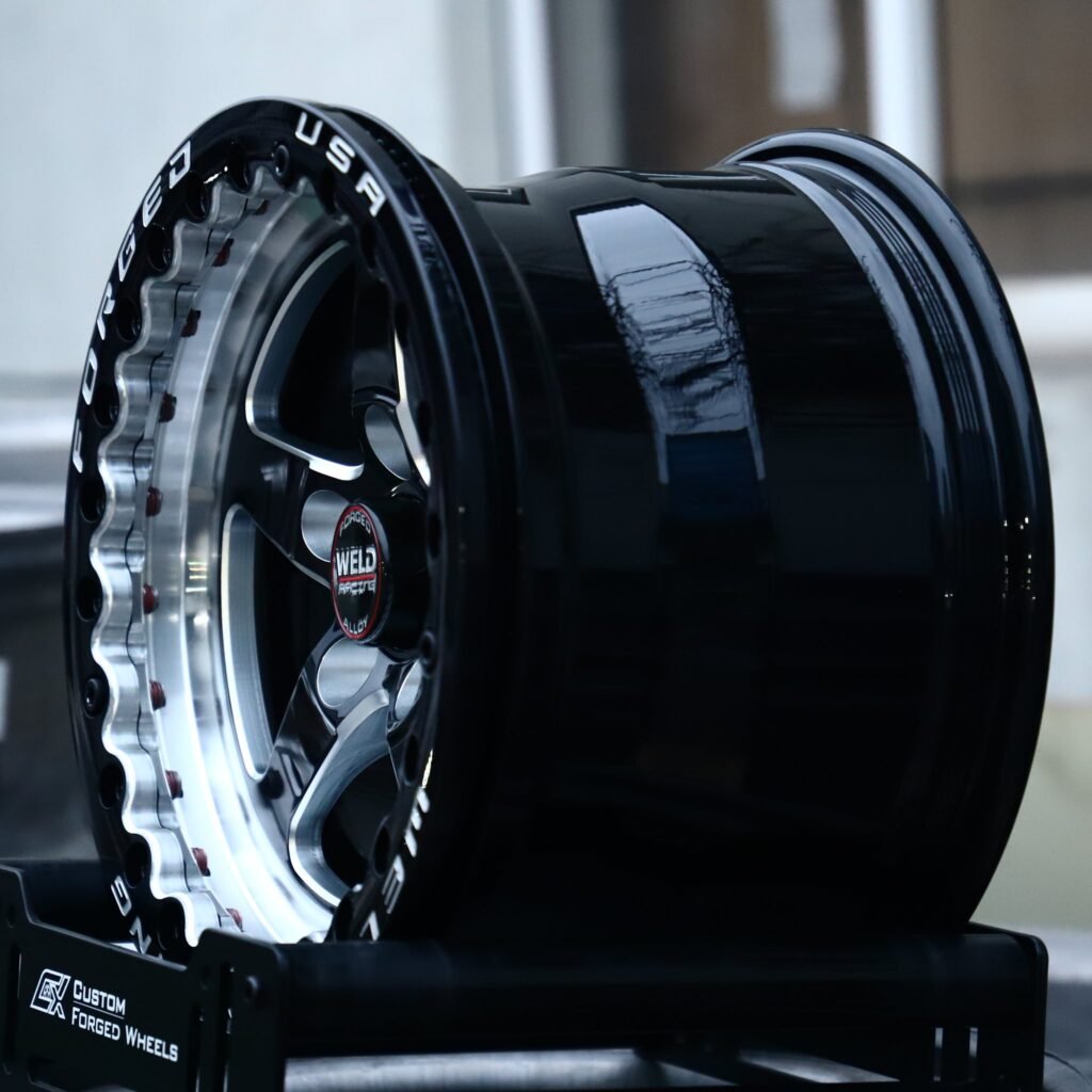 5x114.3 wheels – Gloss Black / Machined 5-Spoke Beadlock (Weld Racing-Style), side view