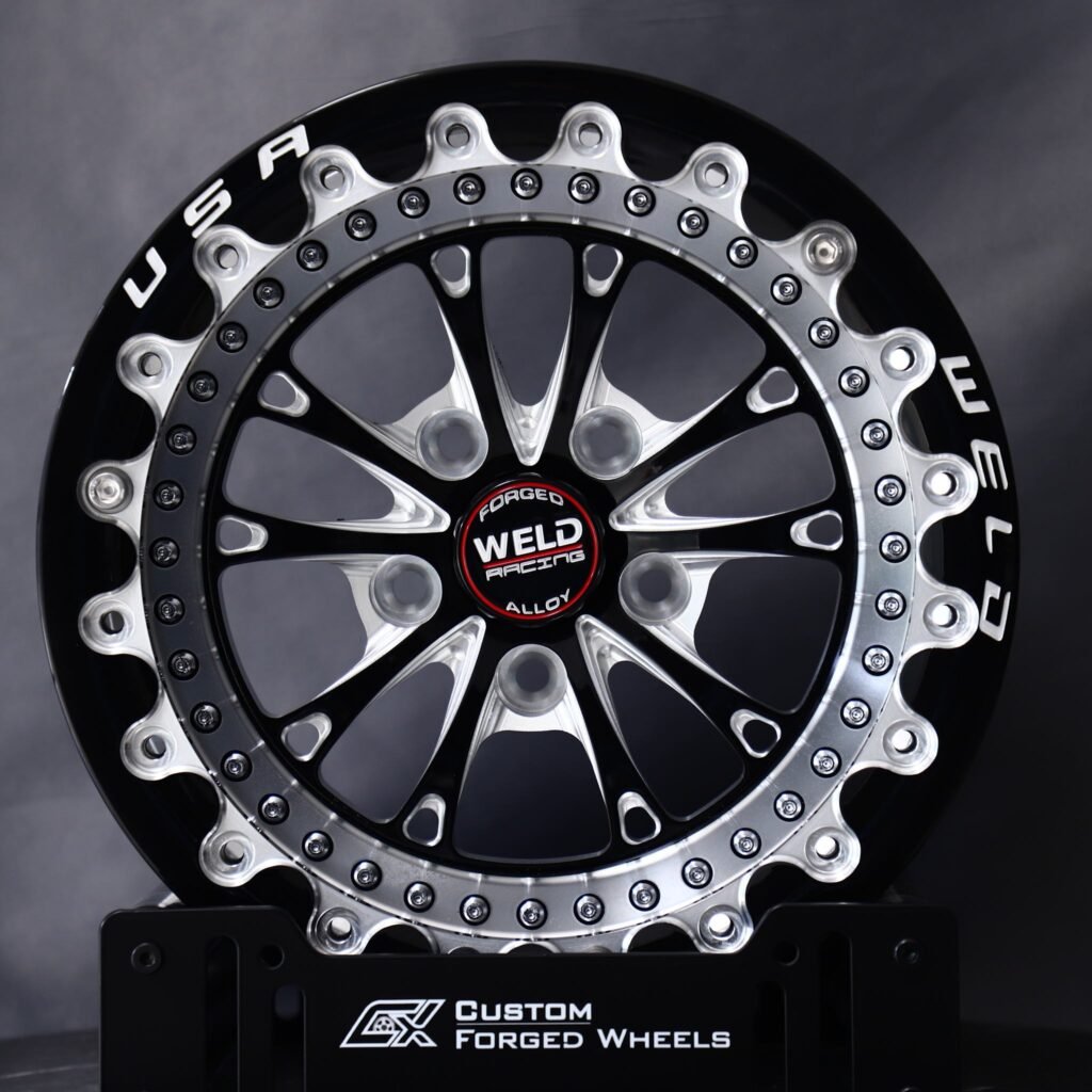 Ford Mustang wheels – Gloss Black / Machined 5-Spoke Beadlock (Weld Racing-Style), front view