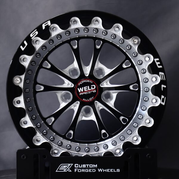 Ford Mustang wheels – Black / Machined 14-Spoke Beadlock (Weld Racing-Style), front view