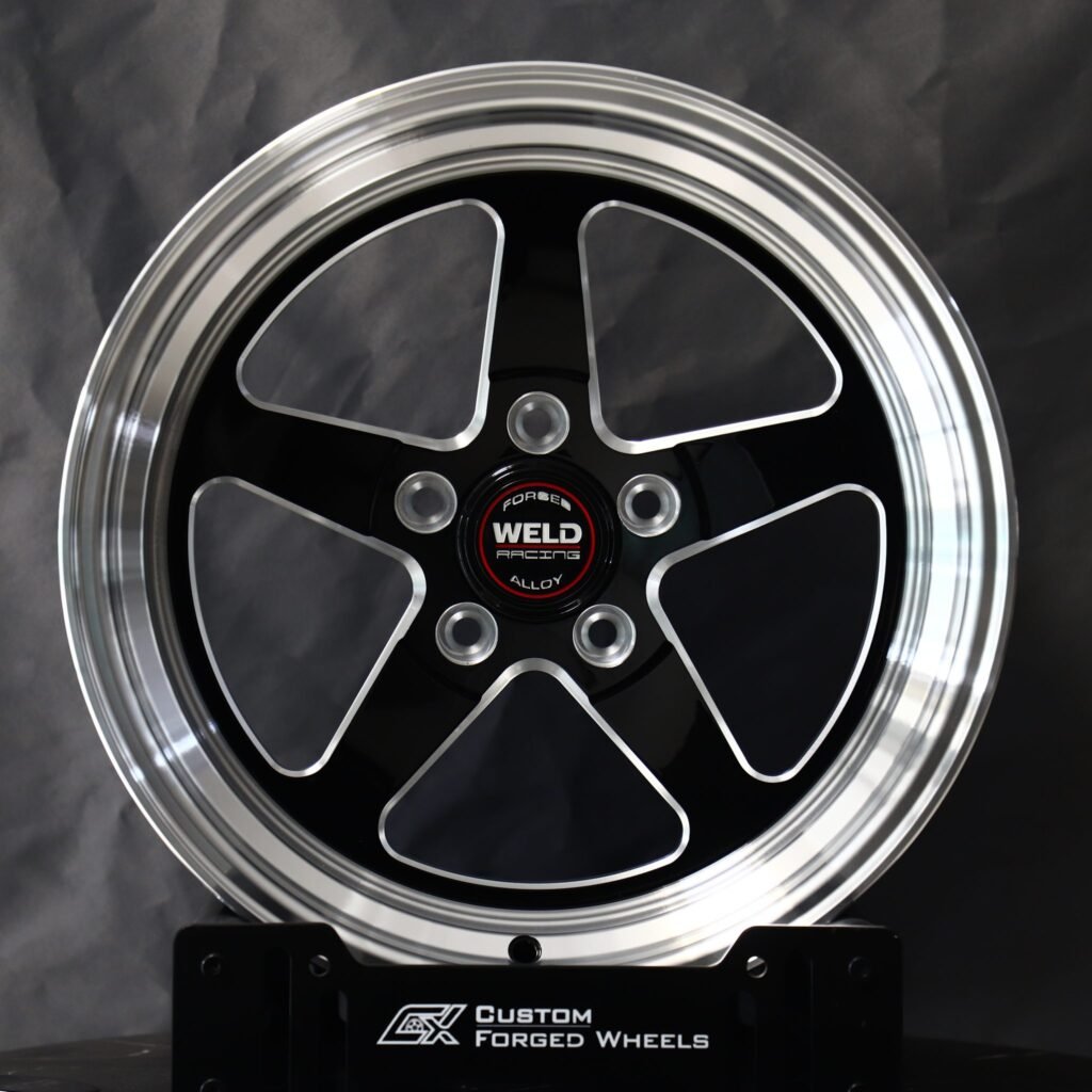 Ford Mustang wheels – Gloss Black / Machined 5-Spoke Deep Lip (Weld Racing-Style), front view