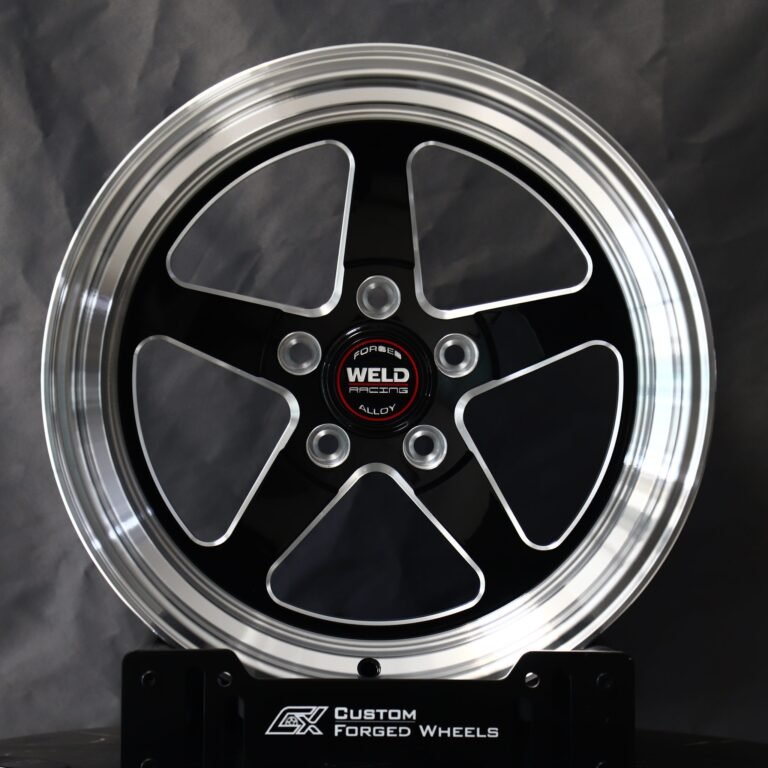 Ford Mustang wheels – Gloss Black / Machined 5-Spoke Deep Lip (Weld Racing-Style), front view