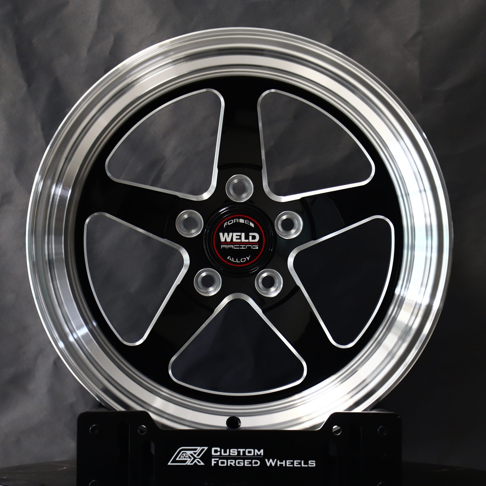 Ford Mustang wheels – Gloss Black / Machined 5-Spoke Deep Lip (Weld Racing-Style), front view