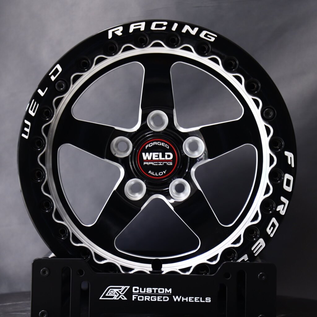 Ford Mustang wheels – Gloss Black / Machined 5-Spoke (Weld Racing-Style), front view