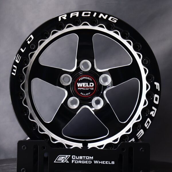 Ford Mustang wheels – Gloss Black / Machined 5-Spoke (Weld Racing-Style), front view