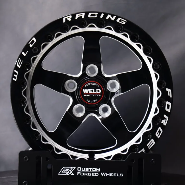 Ford Mustang wheels – Gloss Black / Machined 5-Spoke (Weld Racing-Style), front view