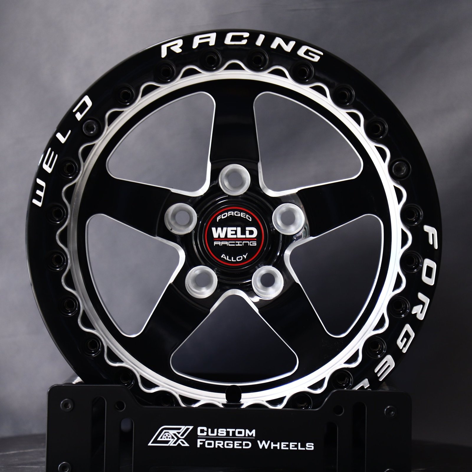 Ford Mustang wheels – Gloss Black / Machined 5-Spoke (Weld Racing-Style), front view