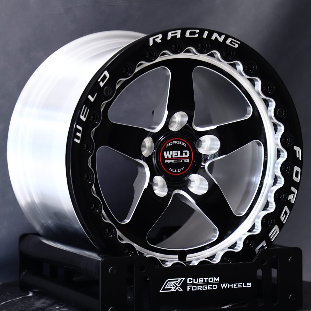 Chevrolet Corvette wheels – Gloss Black / Machined 5-Spoke (Weld Racing-Style), angled view