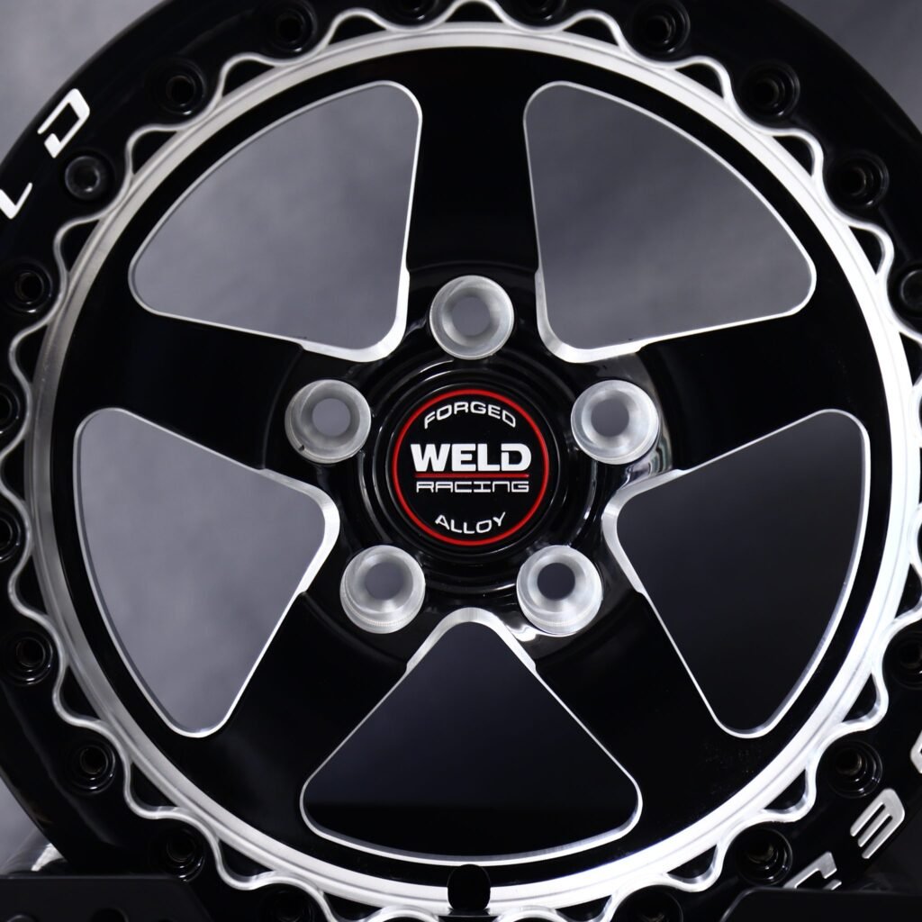 Dodge Charger wheels – Gloss Black / Machined 5-Spoke (Weld Racing-Style), lip and barrel detail