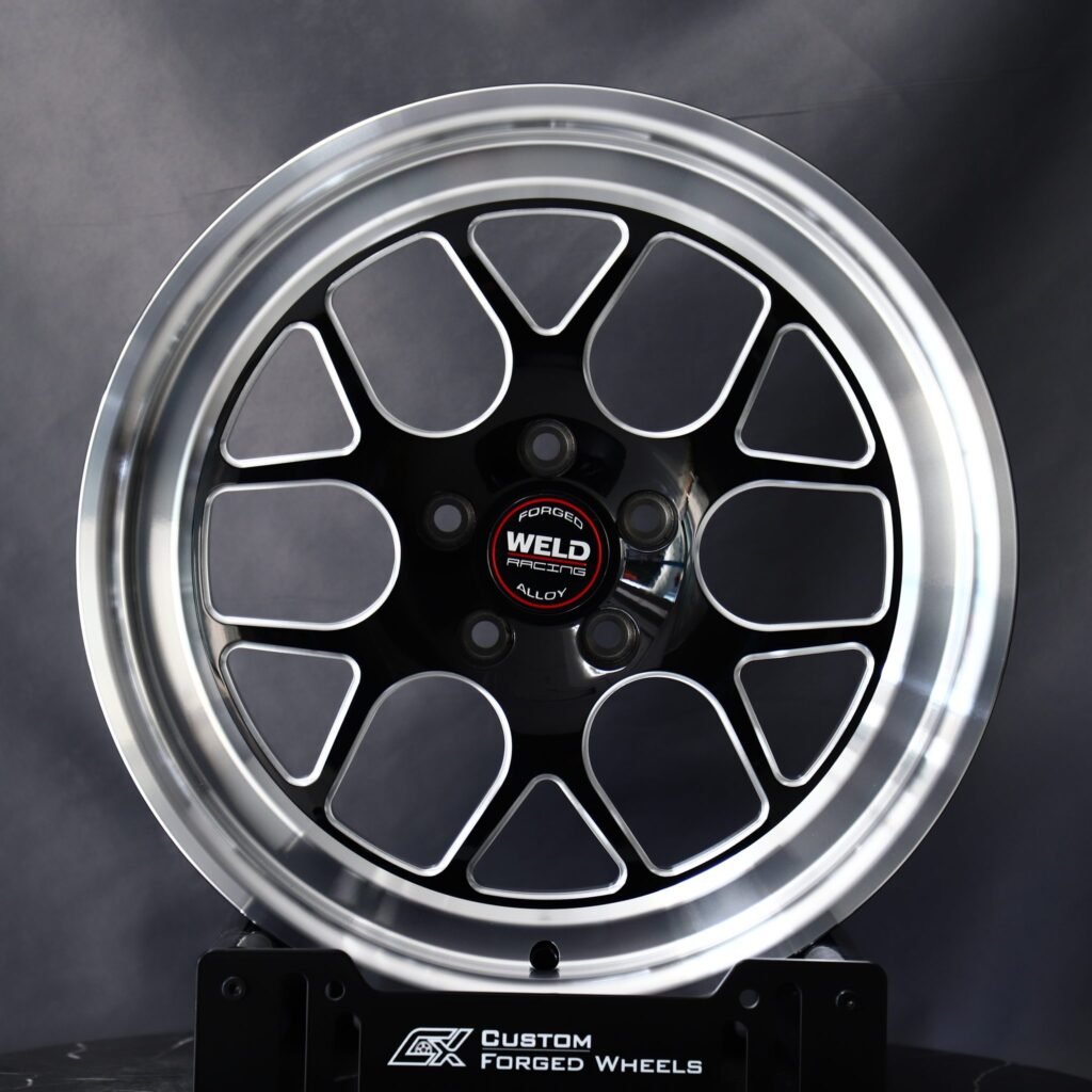 Ford Mustang wheels – Gloss Black / Machined 5 Y-Spoke (Weld Racing-Style), front view