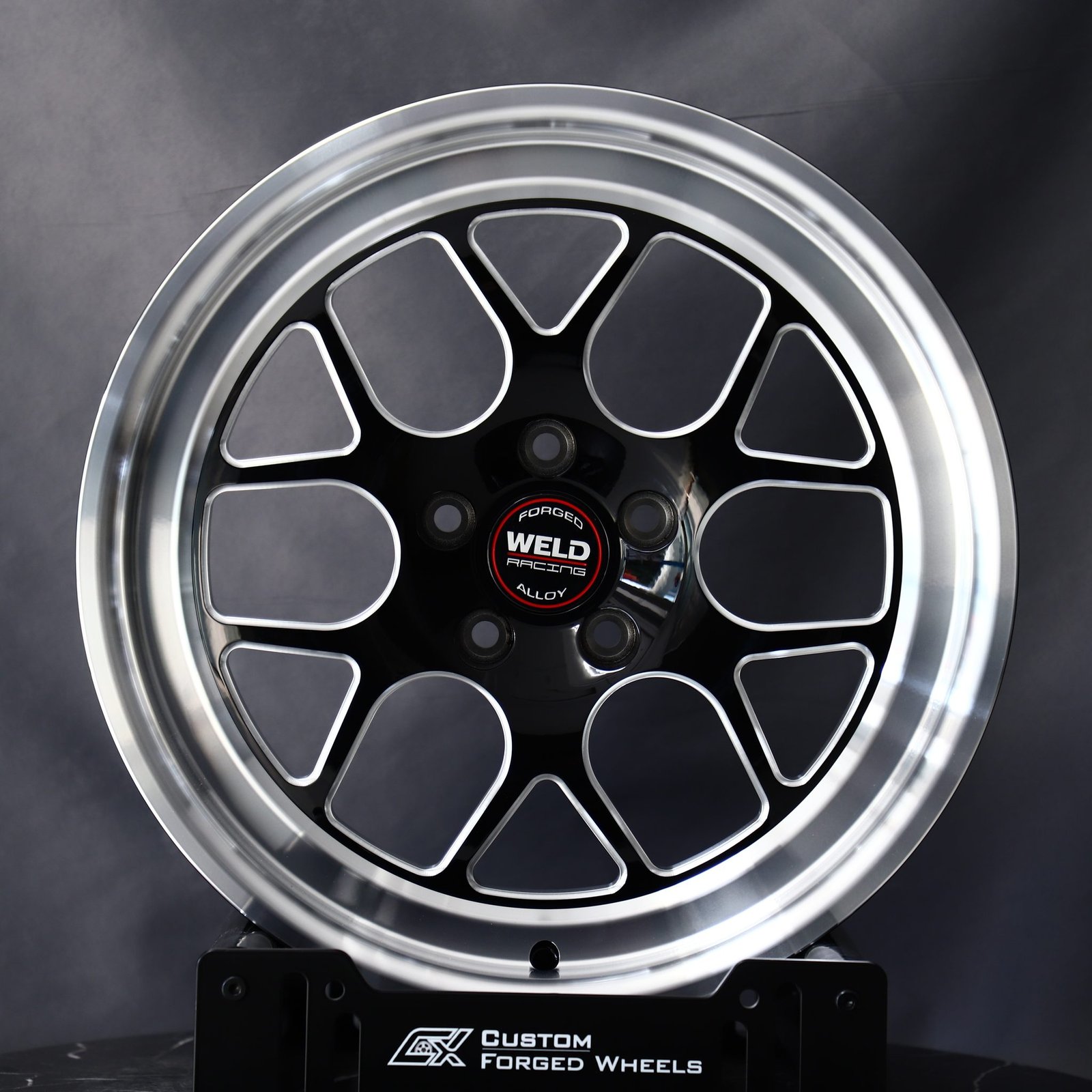 Ford Mustang wheels – Gloss Black / Machined 5 Y-Spoke (Weld Racing-Style), front view