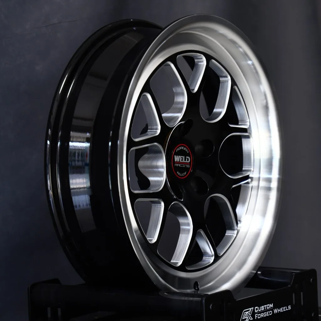 5x114.3 wheels – Gloss Black / Machined 5 Y-Spoke (Weld Racing-Style), side view