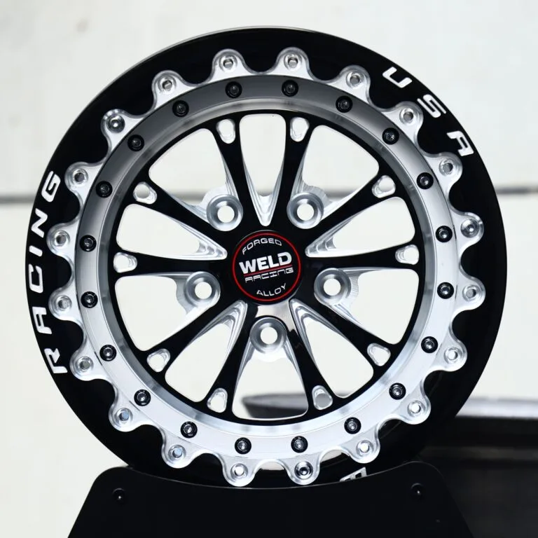 Ford Mustang wheels – Gloss Black / Machined Mesh Beadlock (Weld Racing-Style), front view