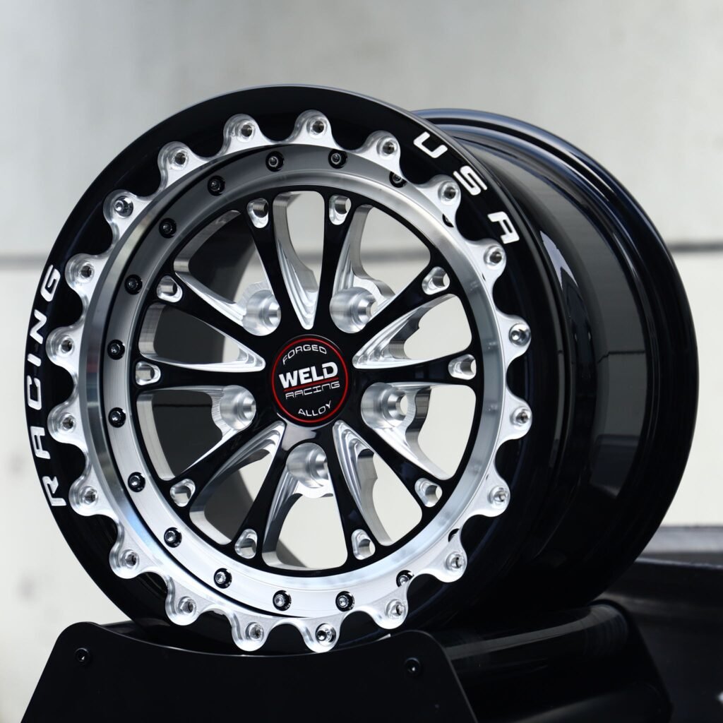 Chevrolet Corvette wheels – Gloss Black / Machined Mesh Beadlock (Weld Racing-Style), angled view
