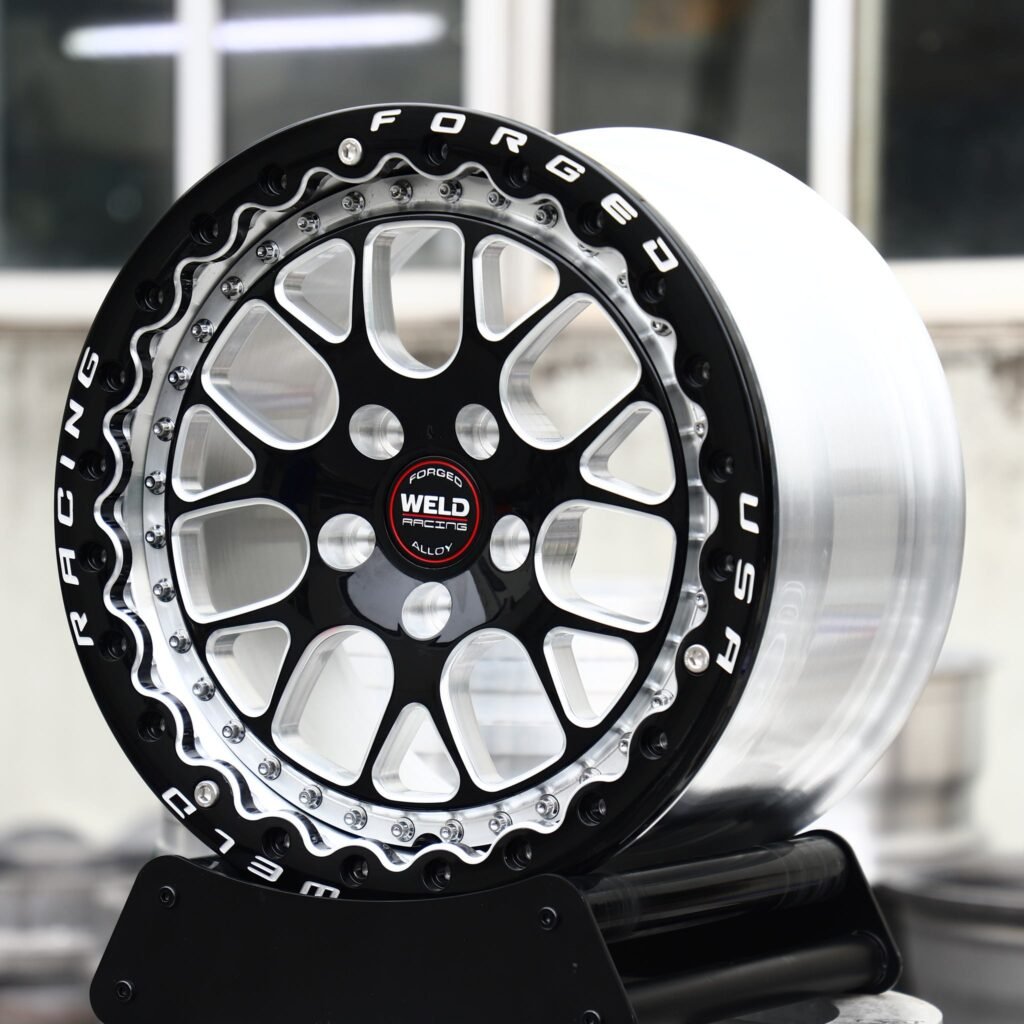 Chevrolet Corvette wheels – Gloss Black / Machined Mesh Beadlock (Weld Racing-Style), angled view