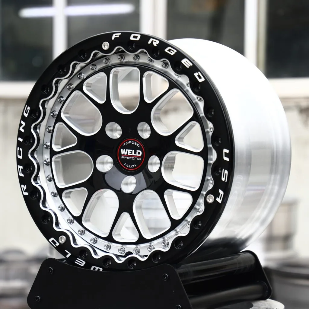 Chevrolet Corvette wheels – Gloss Black / Machined Mesh Beadlock (Weld Racing-Style), angled view