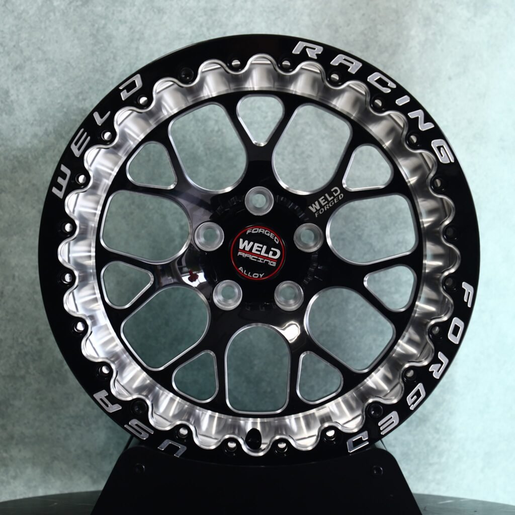 Ford Mustang wheels – Gloss Black / Machined Mesh Beadlock (Weld Racing-Style), front view