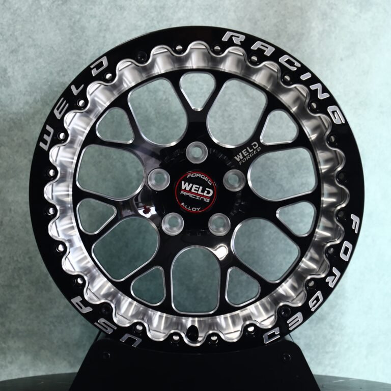 Ford Mustang wheels – Gloss Black / Machined Mesh Beadlock (Weld Racing-Style), front view